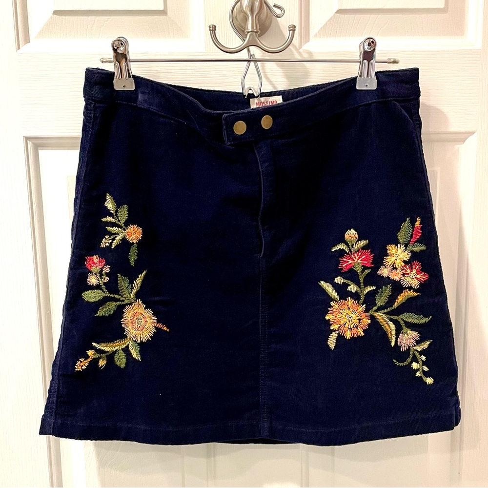 90s Style Embroidered Navy Cord Mini Skirt